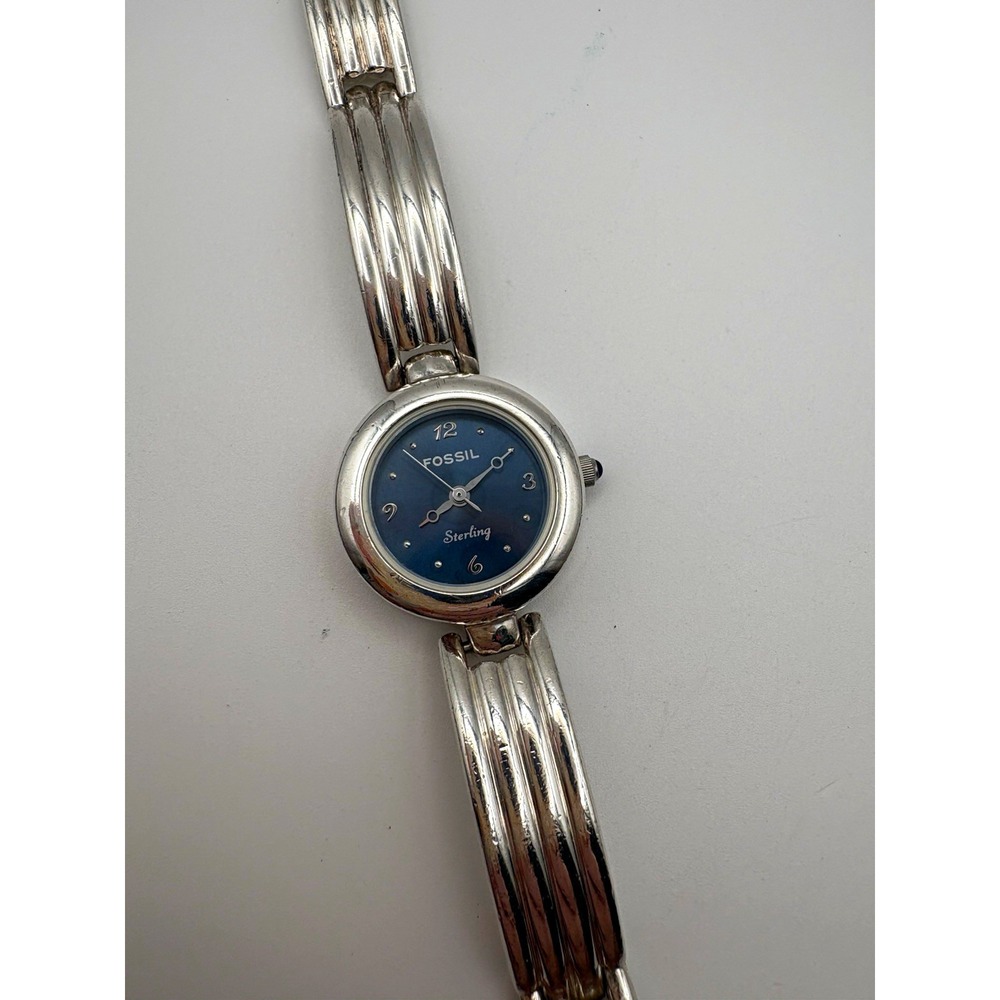 Rare Vintage Fossil SV-5014 Women's Quartz Blue Dial 925 Sterling Case/Bracelet